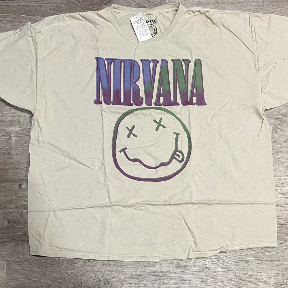 NIRVANA Cream Tee with Purple and Green Logo
